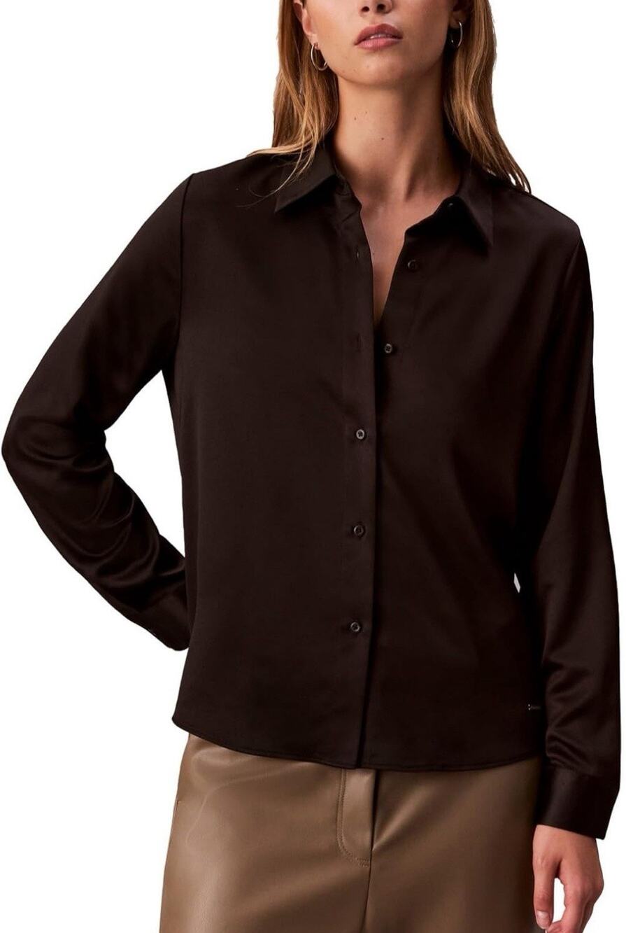 Calvin Klein Hammered Satin Fitted Shirt Women's Black XLarge-